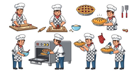 Baker Woman Preparing and Baking Pies Wearing Chef Hat and Apron.