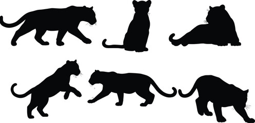 Set of black panther silhouette illustrations in various poses including walking, sitting, crouching, prowling, and standing for vector design