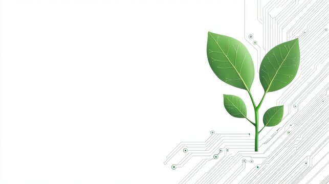 Innovation Tree Growing from Circuit Green sapling growing out of a circuit board against a white background, symbolizing sustainable technology