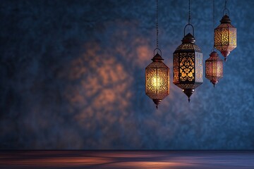 Ramadan lanterns hanging against a dark blue wall with light reflections