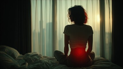 Woman sitting on bed with back pain in the morning light in the bedroom