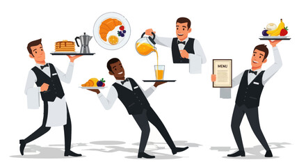 Cartoon Waiters Serving Food and Drinks in Restaurant Setting.