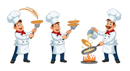Three cartoon chefs preparing and cooking delicious pancakes with various actions.