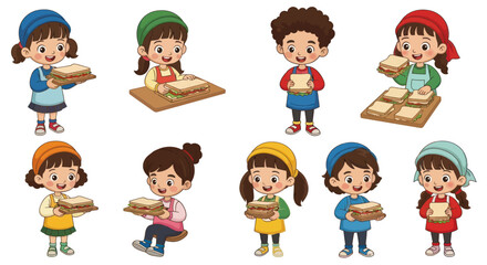 Diverse group of cartoon children happily preparing and holding sandwiches.