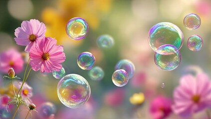 Airy cosmos flowers and iridescent bubbles float in a dreamlike garden, sunshine dappling the scene