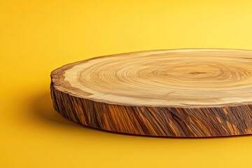 Wooden round podium on yellow background for product display presentation