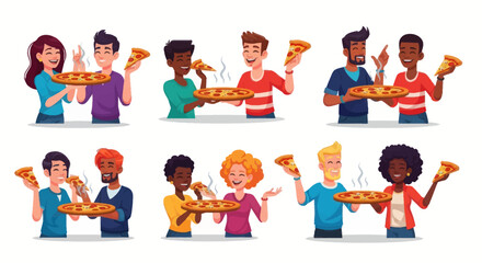 Diverse Groups of People Enjoying Pizza Together Sharing Slices.
