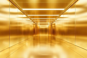 Golden corridor with reflective floor and illuminated ceiling lights in hall