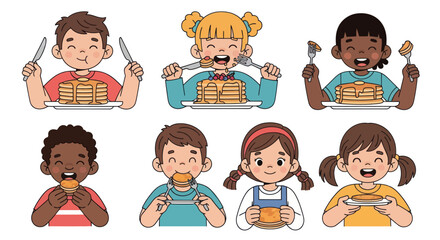 Cartoon Children Enjoying Pancakes with Forks and Knives.