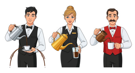 Three diverse waiters in uniform pouring beverages into cups.