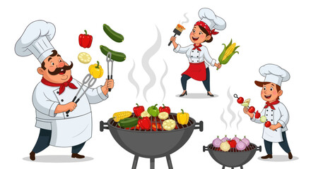 A cheerful family of cartoon chefs grilling vegetables at a fun barbecue party.