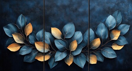 Luxury dark blue and gold leaf triptych wall art painting illustration