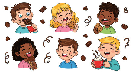 Happy Children Enjoying Chocolate Treats and Sweets Smiling Faces.