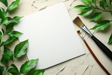 Blank paper sheet with paint brushes and green leaves on textured table