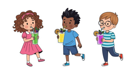 Cartoon Children Enjoying Refreshing Drinks with Colorful Straws.