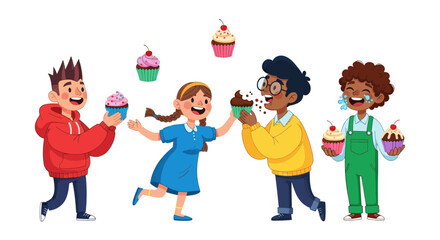 Diverse group of happy children enjoying cupcakes together.