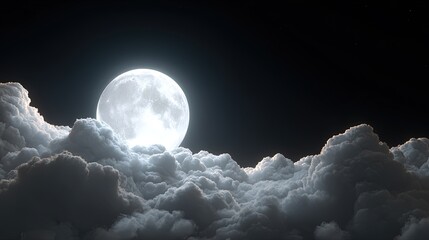 Full moon shining brightly behind fluffy clouds in the dark night sky