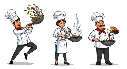 A diverse set of three professional cartoon chefs in uniform happily cooking with woks.