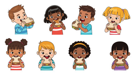 Diverse Group of Children Enjoying Sandwiches Smiling and Eating.