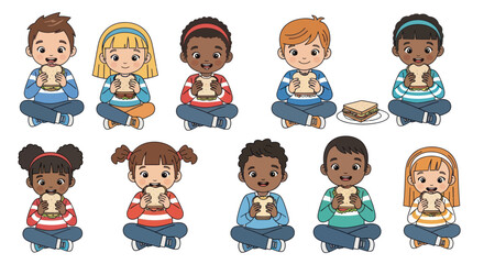 A diverse group of cute cartoon children sitting cross-legged while eating sandwiches.