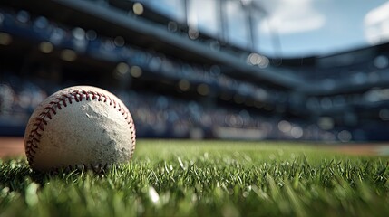 Baseball on the grass in a stadium with blurred background and soft focus