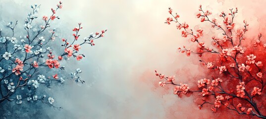 Floral background with blooming cherry branches in red and blue colors