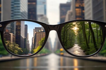 Glasses showing two distinct worlds in lenses, surreal dual reality concept blending imagination, creativity, and visionary abstract fantasy design