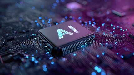 Close up of an ai chip on a circuit board with blue and purple lighting