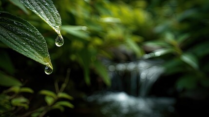 Water droplets on leaves with a small waterfall in the background scenery