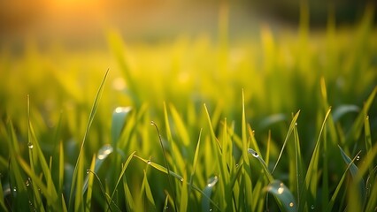 A tranquil sunrise over a lush green field, dewdrops glistening like tiny jewels in the morning light.