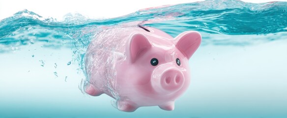 The pink piggy bank submerged in water creating a splash.