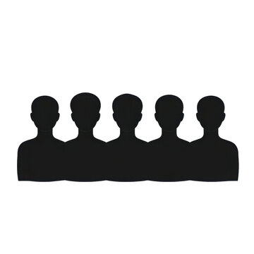 AI Image A row of five identical faceless figures silhouetted against a stark black background
