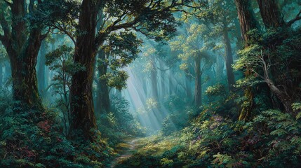 Enchanting forest path with sunbeams shining through the trees in the morning