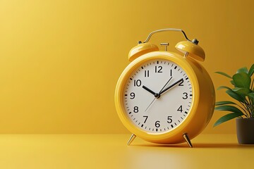 Yellow alarm clock on a yellow background with a small green plant