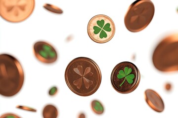 Lucky coins with four leaf clovers falling isolated on white background