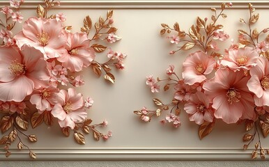 Elegant peach flowers with golden leaves in a decorative frame background