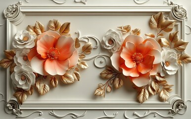 Ornate frame with peach and white flowers and golden leaves decoration