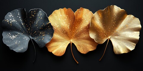 Three decorative ginkgo leaves in black, gold, and bronze on black background