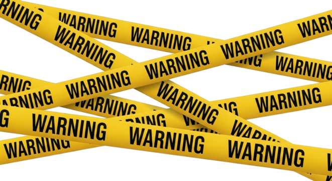 Multiple yellow warning tapes are haphazardly placed across the screen, creating a barrier.