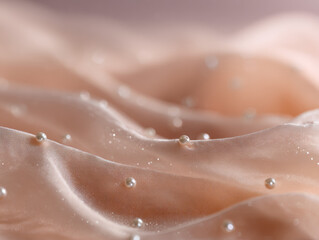 Fototapeta premium Soft pastel pink and peach jewelry photography background with silk texture and scattered pearls, delicate gradient from light pink to creamy white with natural lighting