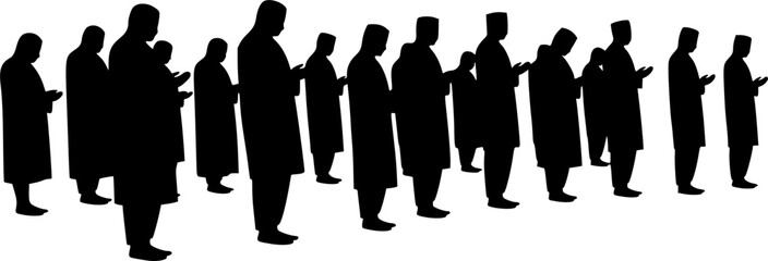 Black Vector Silhouette: Group of People Praying in Mosque	A dynamic black vector silhouette depicting a group of several figures (gender-neutral or mixed) standing in rows, engaged in congregational 