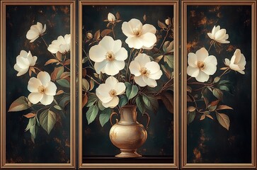 Vintage floral triptych with white roses in a golden vase on dark background