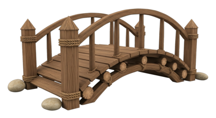 A quaint arched bridge constructed of wood and rope set against a white backdrop offers charm.