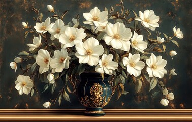 Floral arrangement of white dogwood flowers in a blue vase still life