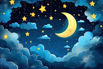 Cartoon night scene with moon, stars, and clouds in dreamy illustration