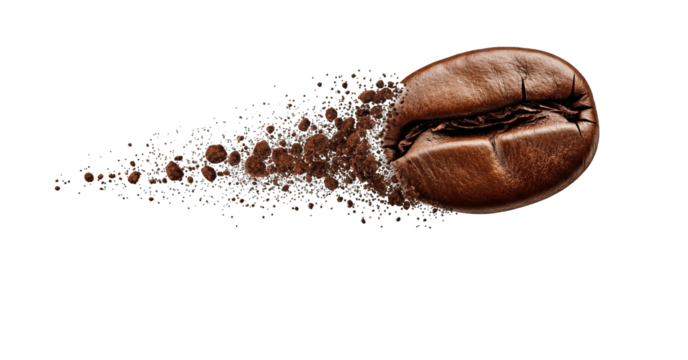 A single, brown coffee bean appears to be disintegrating into tiny particles against darkness.