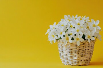 White daffodils in a basket on a yellow background with copy space