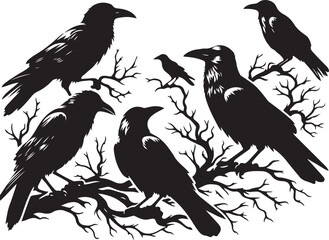 crow and raven silhouette set flying and standing birds vector icon