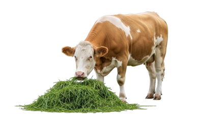 A contented brown and white cow peacefully consumes a pile of lush green grass on farmland field.