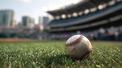 Baseball resting on the grass in a stadium with city skyline view
